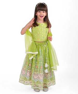 Babyhug Woven  Sleeveless Net Embroidered Choli Lehenga & Dupatta Set - Lime Green