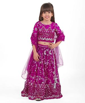 Babyhug Woven Full Sleeves Floral Sequinned & Embroidered Choli With Lehenga and Dupatta - Purple