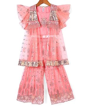 Babyhug Woven Sleeveless Sequined & Embroidered Top Gharara & Frill Detailing Jacket Set - Pink