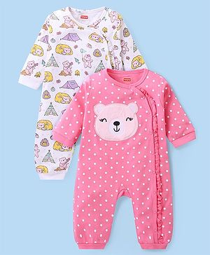 Babyhug 100% Cotton Knit Full Sleeves Rompers with Polka Dots & Bear Print Pack of 2 - Pink & White