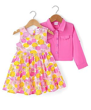 Babyhug Cotton Woven Polka Dots Printed Tiered  Frock with Full Sleeves Denim Jacket  - Dark Pink