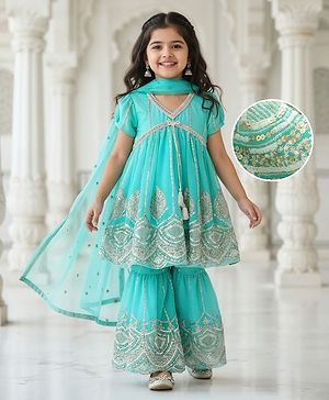 Babyhug Woven Half Puffed Sleeves Sequin & Floral Embroidered Kurta Gharara Set with Dupatta & Lace Detailing - Aqua Blue