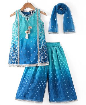 Babyhug Woven Sleeveless Floral & Sequin Embroidered Kurti Palazzo Set with Dupatta - Teal Blue