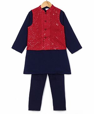 Babyhug Woven Full Sleeves Solid Colour Kurta Pyjama Set with Sequined Embroidered Nehru Jacket - Navy Blue