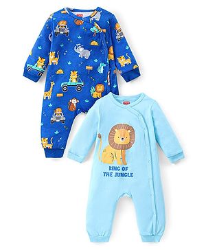 Babyhug 100% Cotton Knit Full Sleeves Front Open  Rompers with Animal Print Pack of 2 - Blue & Sky