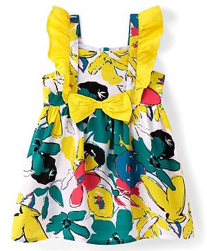Babyhug Poplin Woven Frill Sleeves Frock with Floral Print & Bow Applique - Yellow