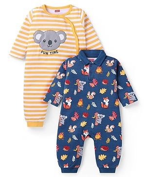 Babyhug 100% Cotton Knit Full Sleeves Striped & Animal Printed Romper Pack of 2 - Orange & Navy Blue