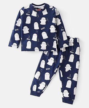 Babyhug Cotton Knit Full Sleeves Night Suit with Ghost & Text Print - Navy Blue