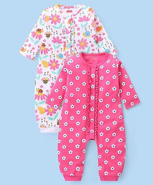 Babyhug 100% Cotton Interlock Knit Full Sleeves Romper Floral Print Pack of 2 - Pink & White