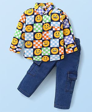 Babyhug Cotton Woven Full Sleeves Smiley Printed Shirt & Solid Denim Jeans Set - Multicolor & Blue