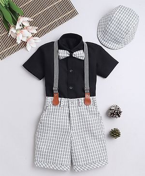 Fourfolds Half Sleeves Solid Shirt & Abstract Printed Shorts With Cap  Suspender & Bow Set - Black