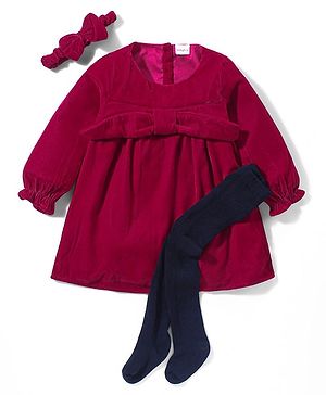 Babyhug Woven Full Sleeves Solid Colour Frock with Stockings & Head Band - Maroon