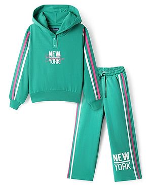 Pine Kids Cotton Knit Full Sleeves Hooded Sweatshirt & Pant Set with Text Print - Mint Green
