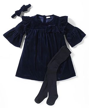 Babyhug Woven Full Sleeves Solid Colour Frock with Stockings & Head Band - Navy Blue