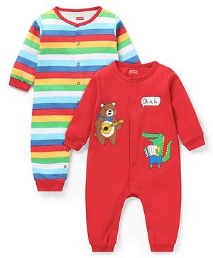 Babyhug 100% Cotton Knit Full Sleeves Rompers with Striped & Bear Print Pack of 2 - Red Green & White