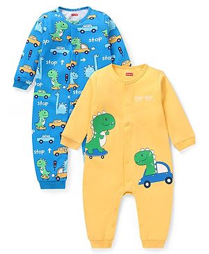 Babyhug 100% Cotton Knit Full Sleeves Rompers with Dino & Car Print Pack of 2 - Yellow & Blue