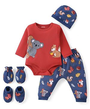 Babyhug 100% Cotton Full Sleeves Onesies with Leggings  & Cap Mitten Booties Koala Print - Red & Navy