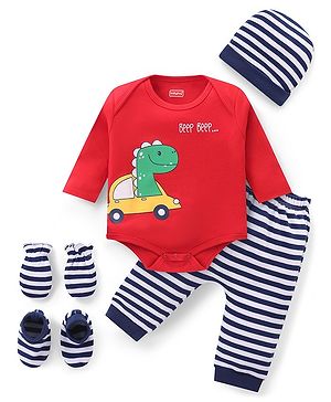 Babyhug 100% Cotton Knit Full Sleeves  Booties Striped &  Dino Printed Onesie with Leggings Pair of Mittens & Booties - Red