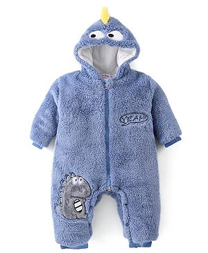 Kookie Kids Full Sleeves Winter Wear Romper with Dino Embroidery -Blue