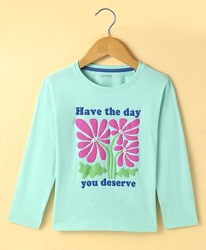 Doreme Single Jersey Knit Full Sleeves T-Shirt With Floral & Text Print - Sea Green