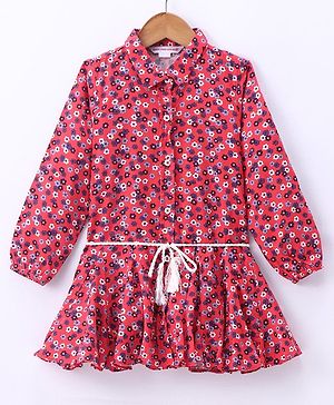 Under Fourteen Only Full Sleeves Floral Printed Dress - Coral