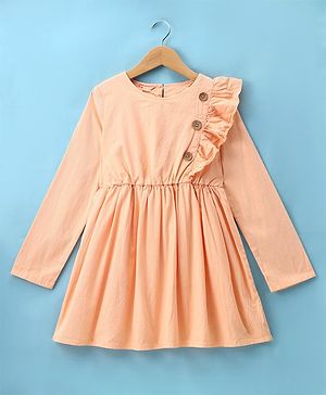 Under Fourteen Only Cotton Full Sleeves Solid Frill & Button Detailed Dress - Peach