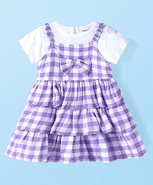 Babyhug Rayon Woven Tiered Frock With Checks &  Solid Half Sleeves Inner Tee - Purple & White