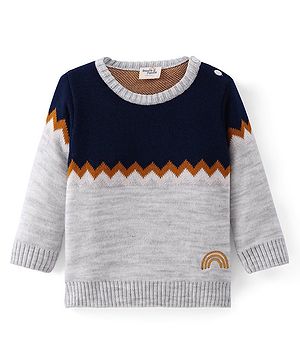 Doodle Poodle Knitted Full Sleeves Pullover Sweater with Colour Block & Jacquard Knit Design - Grey & Navy Blue