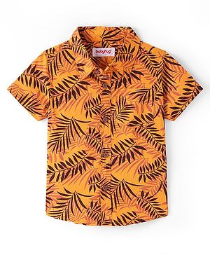 Babyhug Cotton Knit Half Sleeves Regular Collar Shirt Leaves Print- Yellow