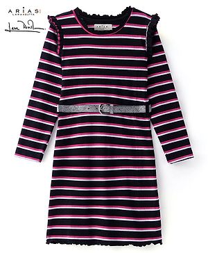 Arias Cotton Stretch Knit Full Sleeves Striped Frock with Frill Detailing - Black