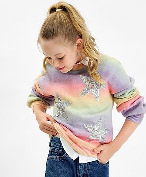 Primo Gino Knit Full Sleeve Drop Shoulder Pullover Sweater with Sequinned Star Design - Multicolour