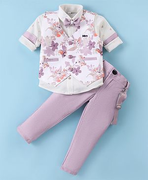 Rikidoos Pocket Detailed Floral Printed Waistcoat With Full Sleeves Shirt Pant & Bow Set - White & Light Purple