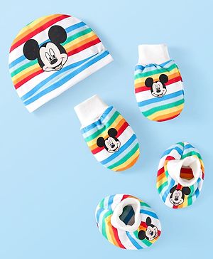 Babyhug Disney Cotton Knit Cap Mittens & Booties Set with Stripes & Mickey Mouse Graphics - White