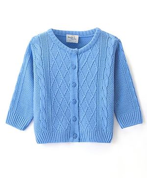 Doodle Poodle Knitted Full Sleeves Front Open Sweater with Cable Knit Design - Blue