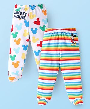 Babyhug Disney Cotton Knit Footed Diaper Leggings With Mickey Mouse Graphics Pack of 2 - White & Yellow