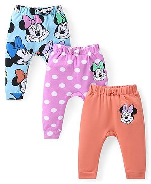 Babyhug Disney Cotton Knit Full Length Diaper Legging with Minnie Mouse Print Pack of 3 - Blue Pink & Orange