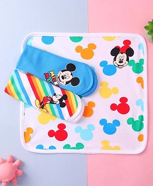 Babyhug Disney Interlock Knit Hand & Face Towels with Mickey Mouse Digital Print  Pack of 3 L 28  X B 28 cm - White & Blue