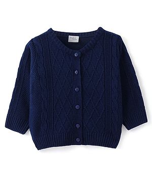 Doodle Poodle Knitted Full Sleeves Front Open Sweater with Cable Knit Design - Navy Blue