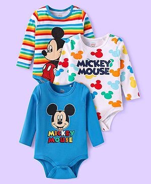Babyhug Disney Interlock Knit Full Sleeves Onesies with Mickey Mouse Graphics Pack of 3- White  & Blue