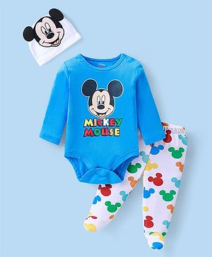 Babyhug Disney Single Jersey Knit Full Sleeves  Onesie & Footed Diaper Leggings with Mickey Mouse Graphics & Cap - Blue