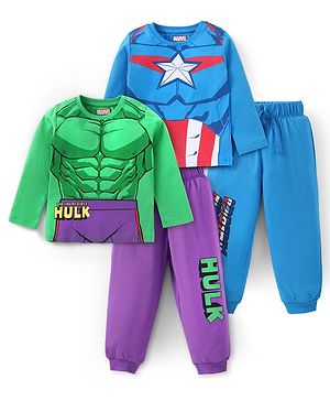 Babyhug Marvel Single Jersey Knit   Full Sleeves Night Suit with Avengers Graphics Pack of 2- Blue Green & Purple