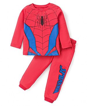 Babyhug Marvel Single Jersey Knit Full Sleeve Night Suit With Spiderman Graphics - Red