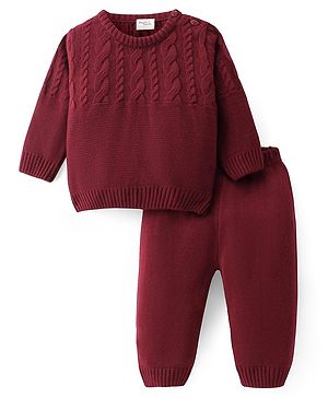 Doddle Poodle Cable Knit Full Sleeves Pullover Solid Sweater Set - Dark Red