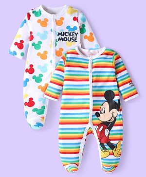 Babyhug Disney Single Jersey Knit Front Open Footed Sleep Suit with Striped & Mickey Mouse Print Pack of 2 - White Green & Red
