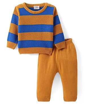 Doddle Poodle Knitted Full Sleeves Pullover Sweater Set with Stripes Design - Blue & Mustard