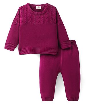 Doodle Poodle Knitted Full Sleeves Sweater Set with Cable Knit Design - Wine