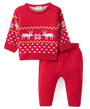 Doddle Poodle Full Sleeves Pullover Sweater Set with Jaquard Knit Design - Red