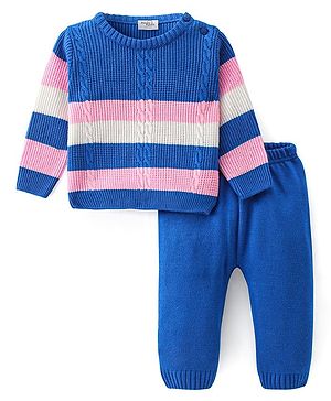 Doodle Poodle Knitted Full Sleeves Striped Sweater Set with Cable Knit Design - Blue & Pink