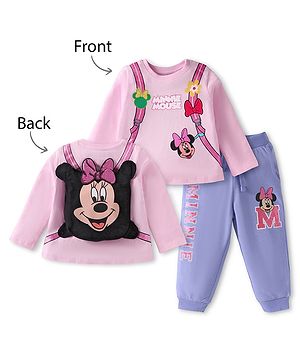 Babyhug Disney Single Jersey Knit Full Sleeves Top & Joggers Set With Minnie Mouse Graphics & Functional Bag Applique - Pink & Lavender