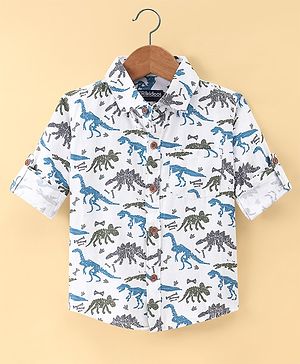 Rikidoos Full Sleeves Dinosaur Printed Shirt - White